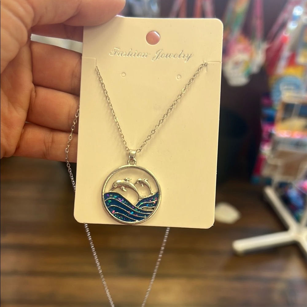 Fashion Jewelry sterling Silver and Blue Ocean Wave Necklace dolphin